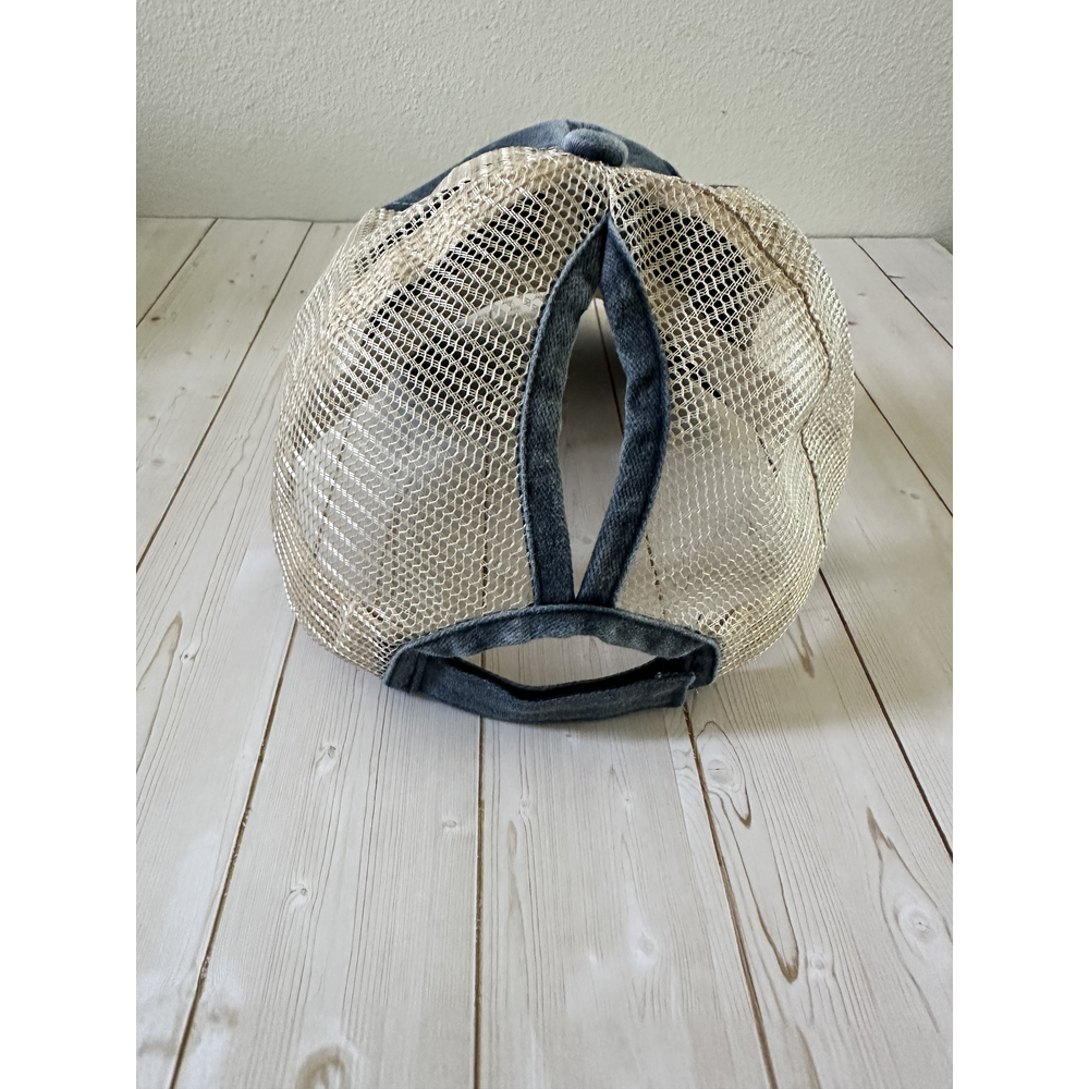 Beige Distressed Ponytail Hat-blank