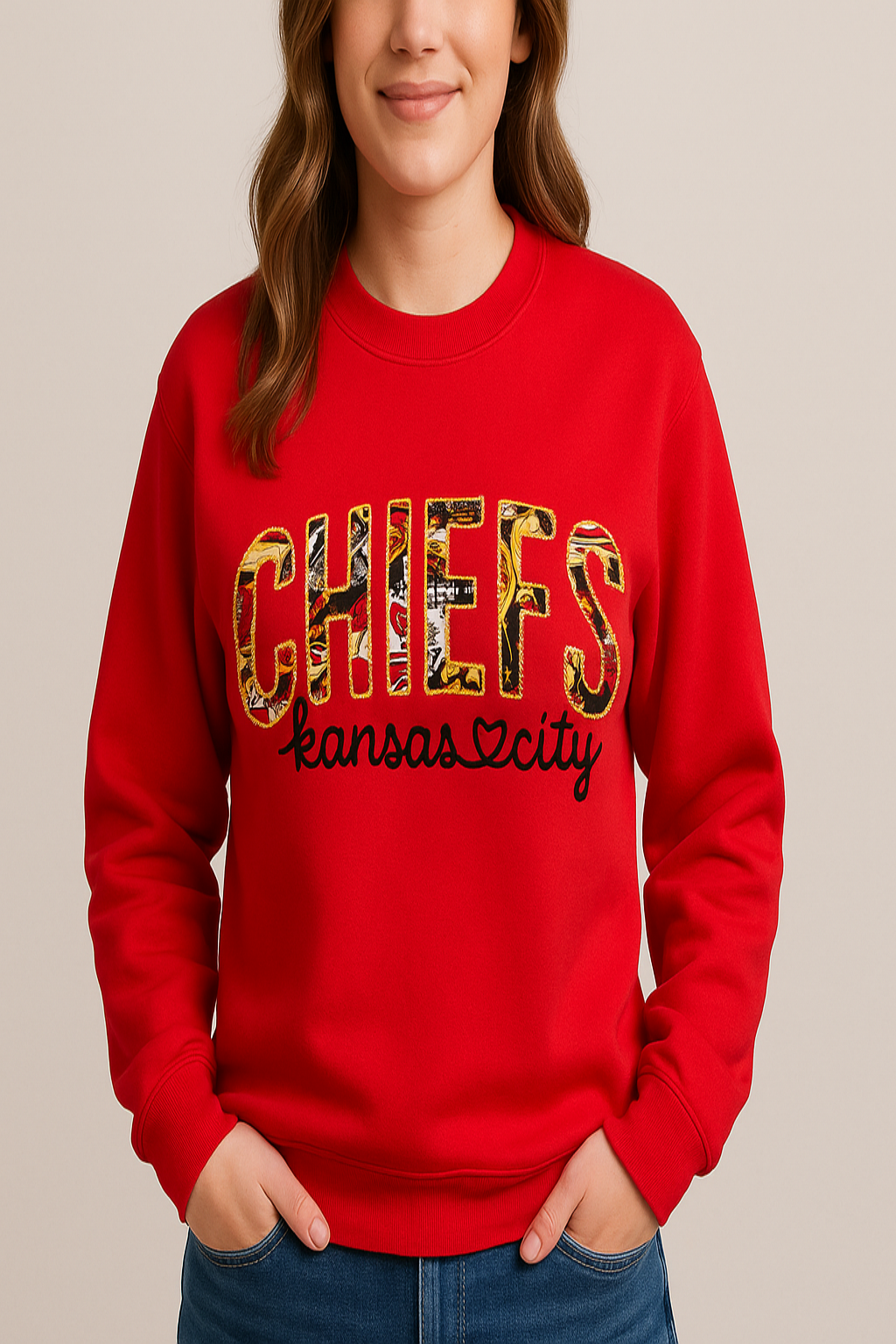 Person wearing a red sweatshirt with 'CHIEFS kansas city' text on a beige background