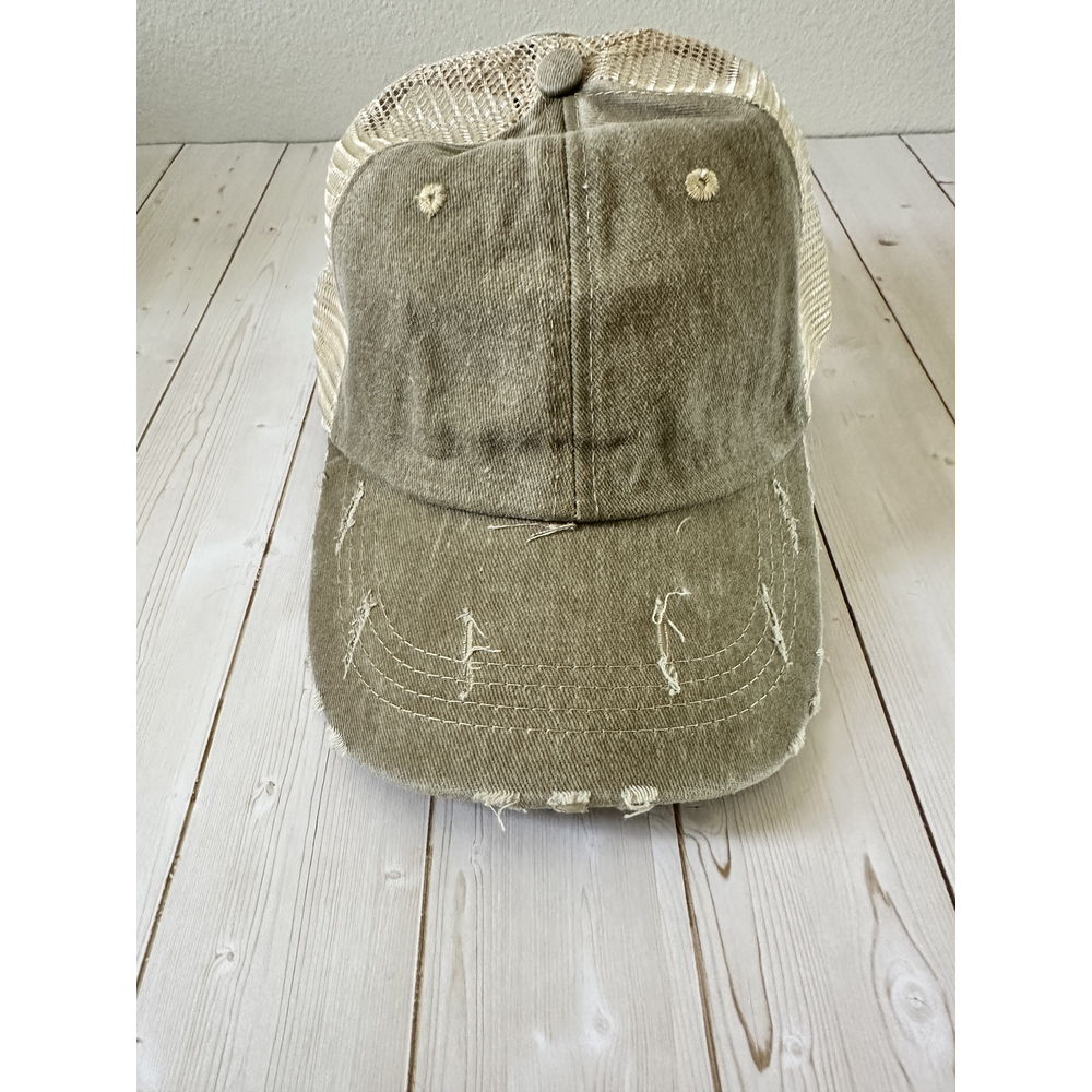 Khaki Distressed Trucker Hat-blank