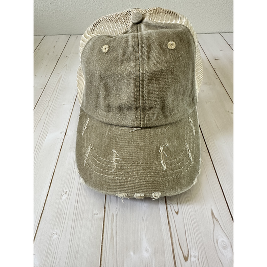 Khaki Distressed Trucker Hat-blank