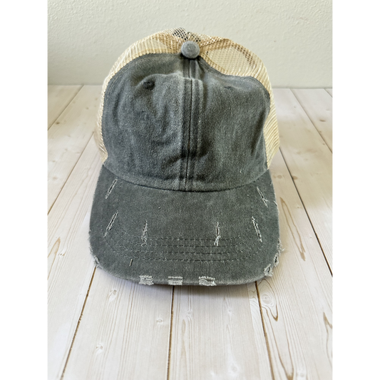 Distressed Trucker – Charcoal / Beige Mesh - Front
